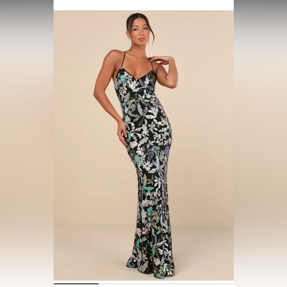 Lulus Glittering Icon Black Iridescent Sequin Lace-Up Maxi Dress